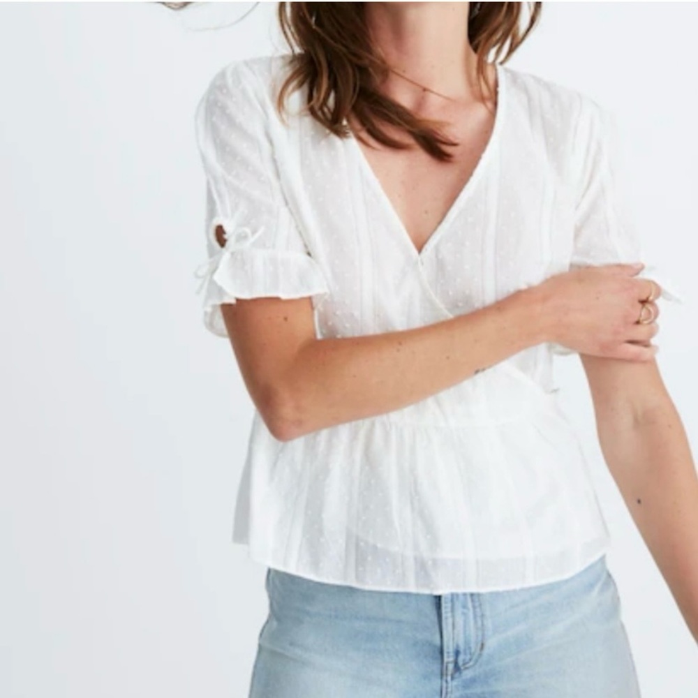 Madewell White Dotted Swiss Ruffled Tie Sleeve Wrap Top With Peplum Waist, Sz 0